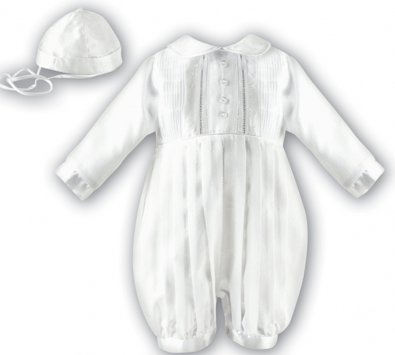 Sarah Louise -b- White Satin L/s Romper & hat 00232